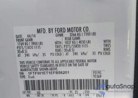 2014 Ford F-150 Platinum z USA, uszkodzony, nr VIN 1FTFW1ET1EFB56201